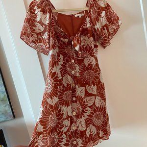 Women's Sunflower Season Tie Front Silk Minidress; Size 00 Rust & White